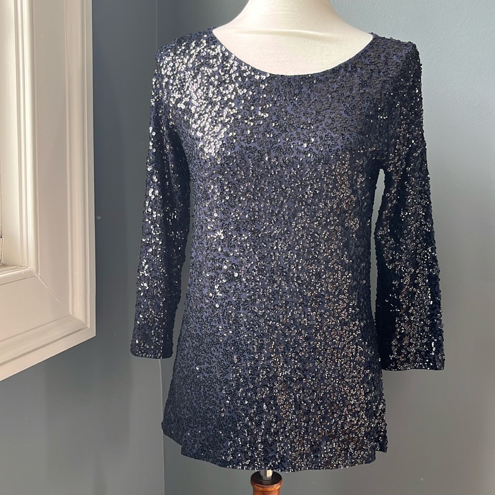 3/4 Sleeve Sequined Top in Navy Blue